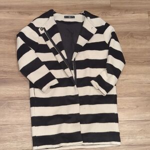 Black/White Striped wool Mix Coat